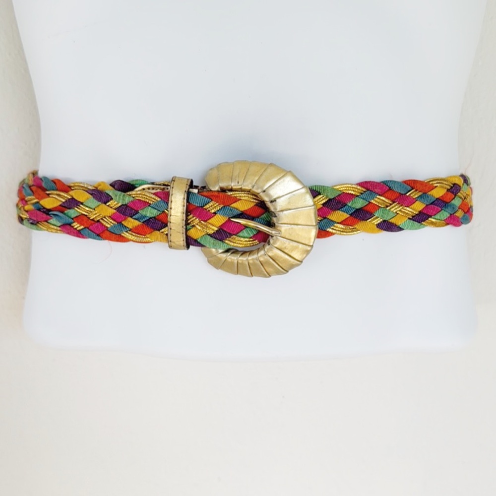 Vintage metallic gold rainbow woven adjustable length fabric belt size XL